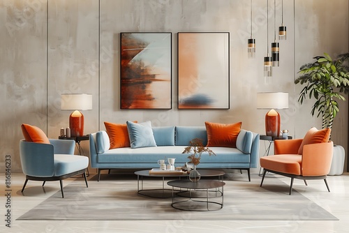 Modern interior design mockup with pastel blue and orange furniture against beige wall background  3D rendering