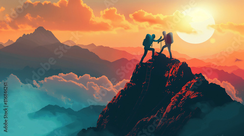 Two individuals, one assisting the other, stand triumphantly on a mountain peak during the golden hues of sunset