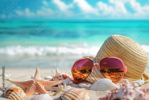 Beach hat with starfish and seashells on seashore with blue water sea wave.