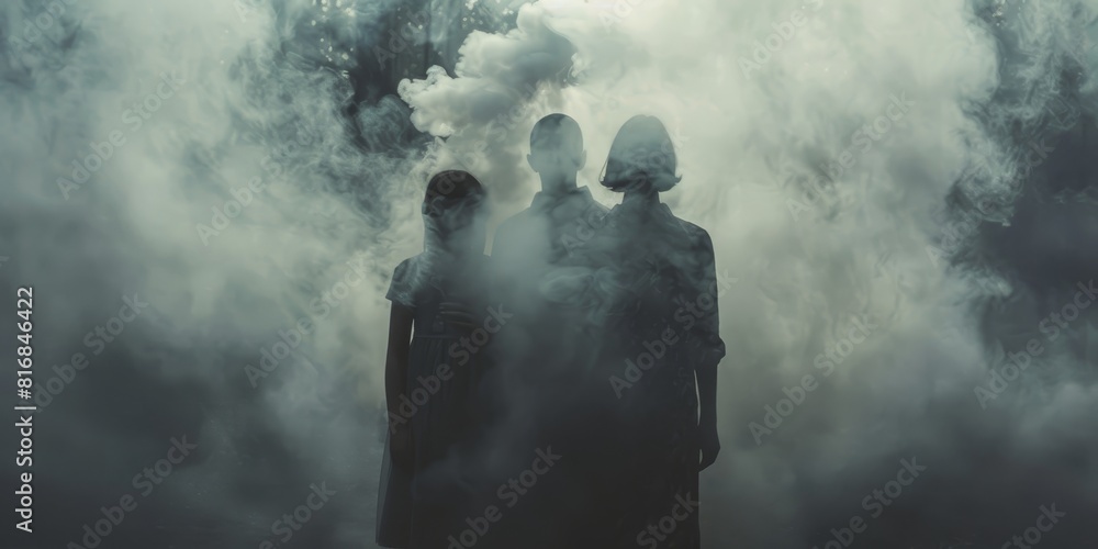 The picture shows three people in white clothes in the middle of the white smoke The picture shows three people in white clothes in the middle of the white smoke