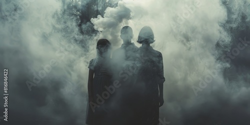 The picture shows three people in white clothes in the middle of the white smoke