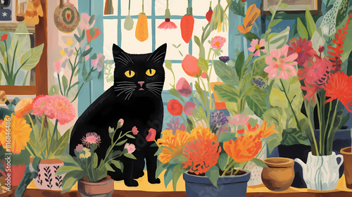 a drawing of a cat in a colorful flower shop abstract illustration decorative painting