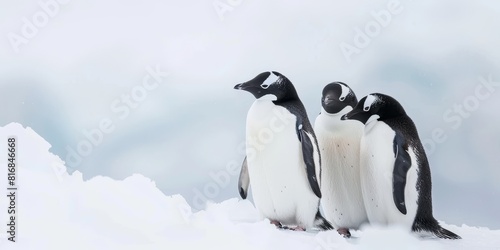Three penguins standing on the ice in Antarctica