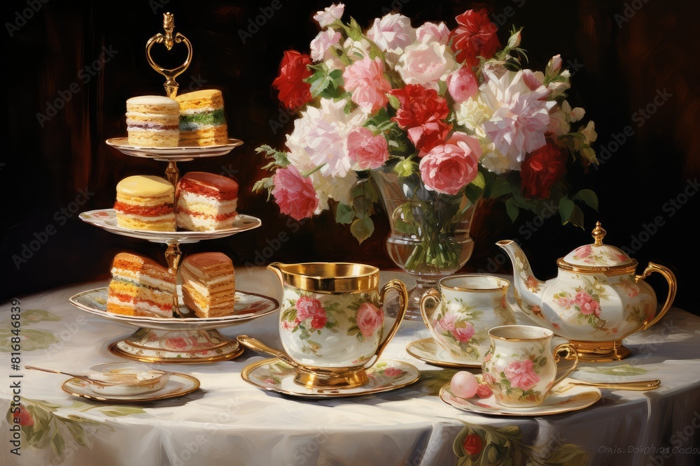 A painting depicting a table covered with various cakes and vibrant flowers. Generative AI
