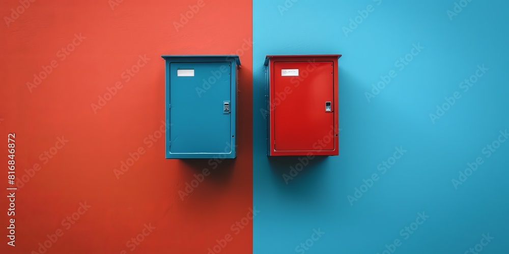 Two metal boxes in different colors hang on the wall painted in bright red and blue colors. Two metal boxes in different colors hang on the wall painted in bright red and blue colors.