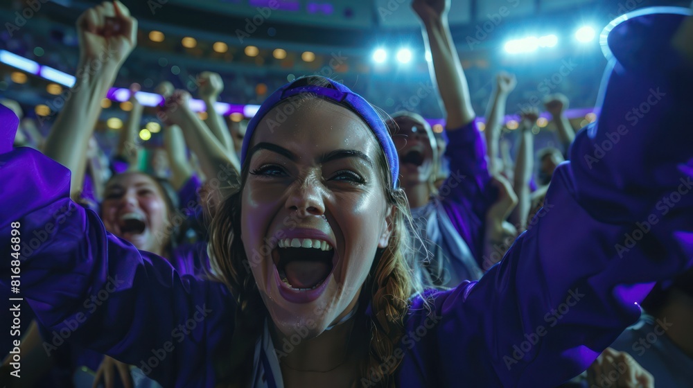 Women and friends Screaming support for the team in the stadium seats wearing purple. Women and friends Screaming support for the team in the stadium seats wearing purple.