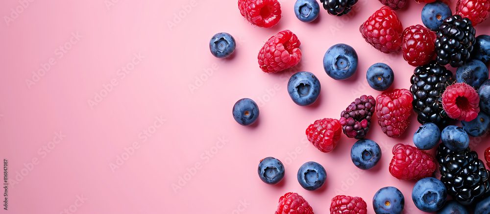 Berry Delight: Fresh Berries on a Pink Canvas, Summer Food Berry Delight: Fresh Berries on a Pink Canvas, Summer Food