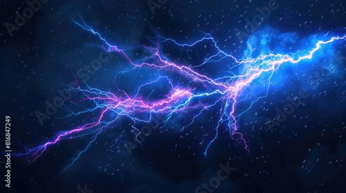 A striking blue and purple lightning bolt on a dark black background. Perfect for illustrating power and energy