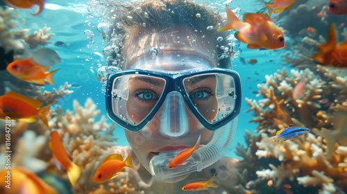 Close up of a woman diving in coral reef