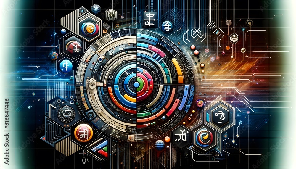 A high-tech background featuring a language translator assistant interface with various futuristic elements and digital displays.