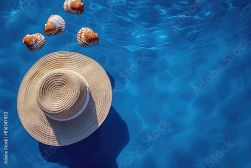 Summertime vacation concept. Beach hat with seashells on seashore with blue water.