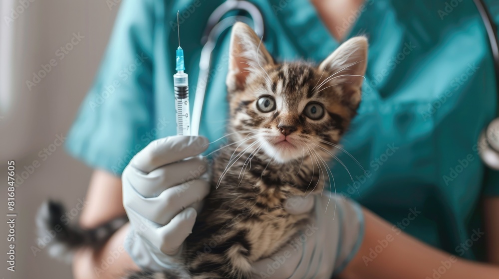 Kitten Receiving Vaccination at Vet's Office. A young kitten experiences its first vaccination, held securely by a vet in a reassuring, professional setting Kitten Receiving Vaccination at Vet's Office. A young kitten experiences its first vaccination, held securely by a vet in a reassuring, professional setting