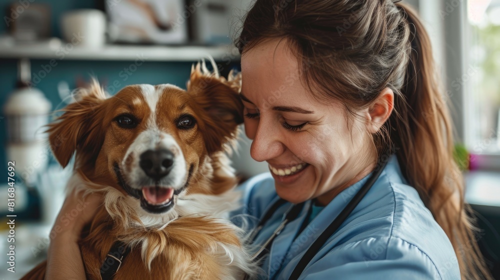 Joyful Moments at the Vet Clinic. An affectionate dog smiles up at the vet during a playful encounter, emphasizing the bond between animals and their caregivers Joyful Moments at the Vet Clinic. An affectionate dog smiles up at the vet during a playful encounter, emphasizing the bond between animals and their caregivers