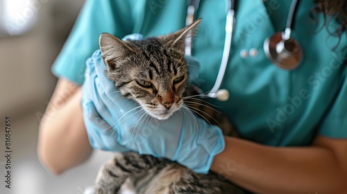 Gentle Exam for a Young Ginger Kitten. Tabby Cat Receives Care at Veterinary Clinic © Rodica