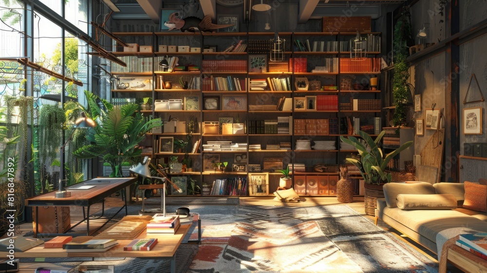 A living room filled with numerous bookshelves and various potted plants creating a cozy and vibrant atmosphere. A living room filled with numerous bookshelves and various potted plants creating a cozy and vibrant atmosphere.