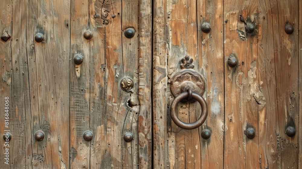 Door made of wood with a lock and knocker Door made of wood with a lock and knocker