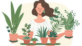Woman holding potted houseplants Four on tray in hand