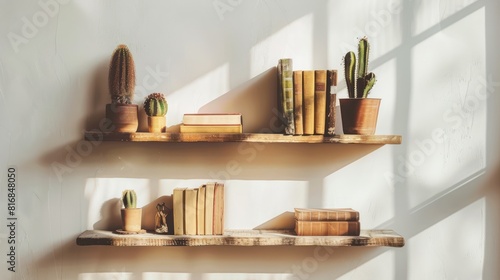 Wooden shelves on the wall and cacti decorate the shelves.