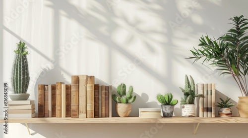 Wooden shelves on the wall and cacti decorate the shelves.