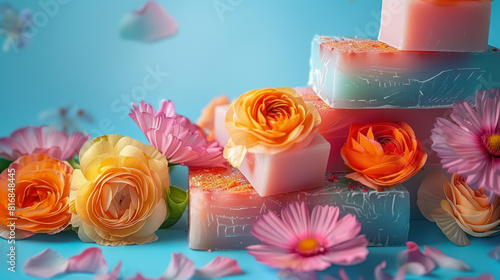 colorful soap bars with flower petals on a vibrant turquoise background