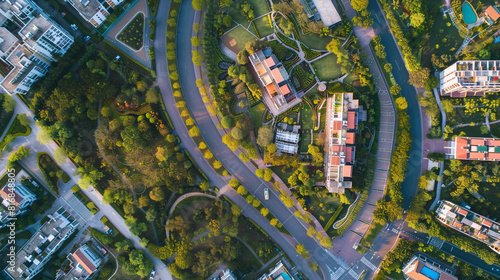 Aerial view of a modern urban landscape featuring green spaces, roads, and buildings, creating a balanced mix of nature and city planning