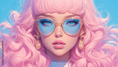 A vibrant and colorful background with neon lights  a beautiful woman in retro fashion wearing big round sunglasses  a bright pink curly wig with long bangs  and a stylish top. 