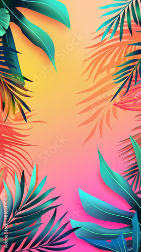 Bright summer poster with vivid tropical leaves on a gradient background in pink  orange  and yellow hues and copy space in center