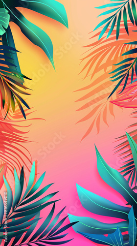 Bright summer poster with vivid tropical leaves on a gradient background in pink, orange, and yellow hues and copy space in center