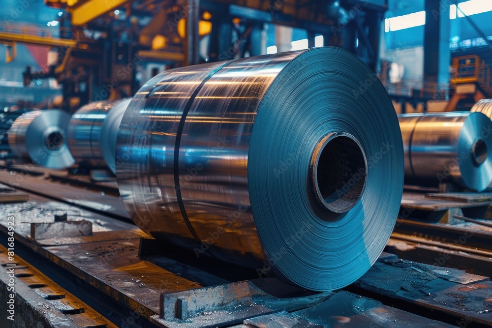 A large roll of steel on top of a rail. Suitable for industrial concepts A large roll of steel on top of a rail. Suitable for industrial concepts