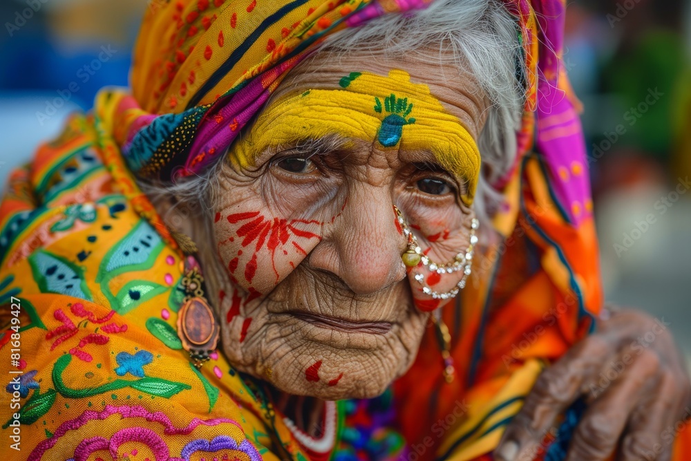 Closeup of a senior indian woman adorned with colorful face paint and cultural attire