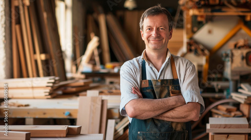 A portrait of smiling male carpenter standing in front of his woodwork workshop © Adrian Grosu