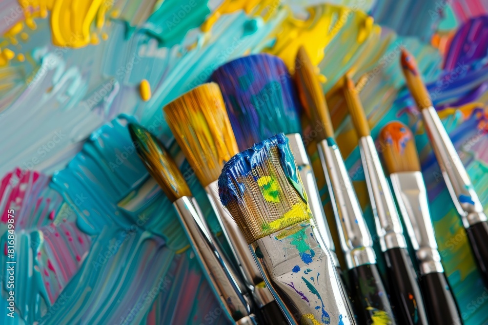 Fototapeta premium Vibrant display of paintbrushes against a multicolored palette, highlighting creativity and artistry