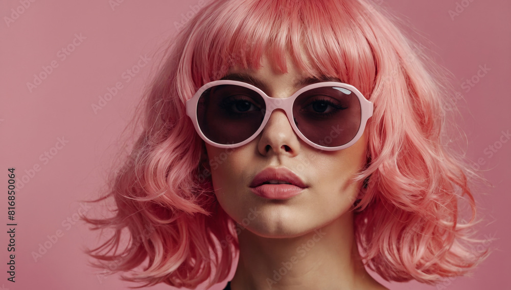 Young girl with pink hair and sunglasses n pink background