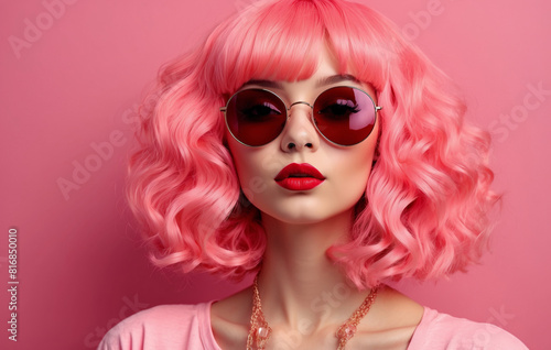 Young girl with pink hair and sunglasses n pink background © Mystery