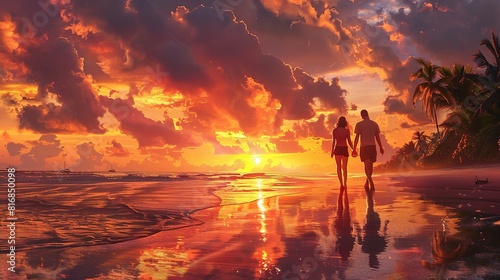 A romantic sunset on a tropical beach, with a couple walking hand in hand along the water's edge, the sky painted in hues of orange and pink, creating a dreamy and intimate travel setting © EverydayStudioArt