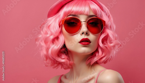 Young girl with pink hair and sunglasses n pink background