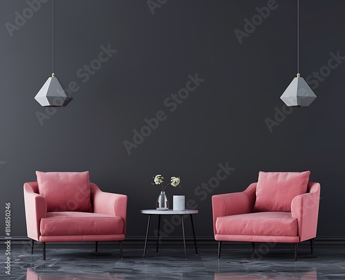 Modern interior design of a living room with pink armchairs and geometric lamps on a dark wall background, mock up of an empty space for text stock photo in the style of minimalistic style © Mahwish
