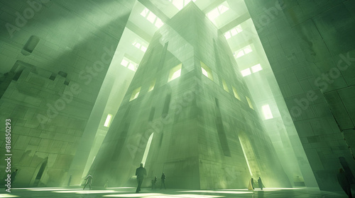 Futuristic green-lit interior of a large building with people and towering structures, creating a mysterious and ethereal atmosphere. photo