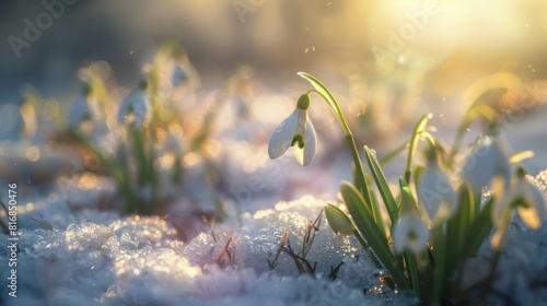 Capture the essence of seasonal transition with snowdrops and grass growing through melting snow. AI generative. photo