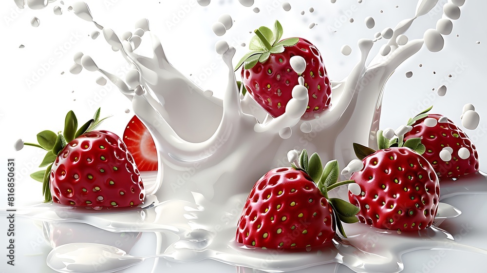 Milk splash with strawberries Isolated on white background Milk splash with strawberries Isolated on white background