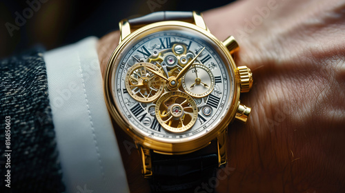 Close-up of a luxurious golden wristwatch with visible gears and Roman numerals on a person's wrist.