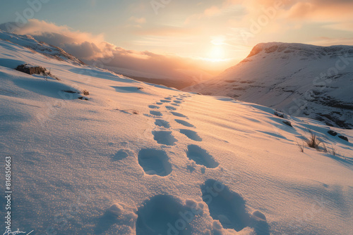 Discover the tranquility of snowy solitude with footprints leading the way up the mountain's snowy terrain. AI generative. photo