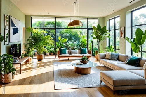 Sunlit living area decorated with green plants  showcasing stylish eco-friendly design.