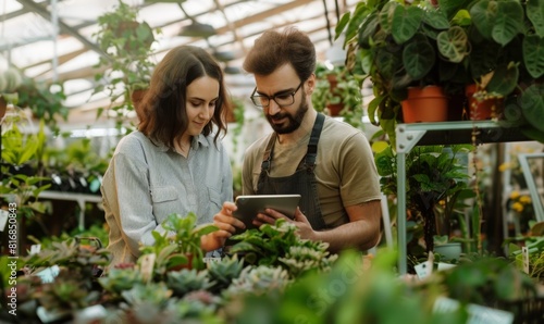 young man and young woman working in garden center looking at a digital tablet. two gardeners checking plant stocks with digital tablet.