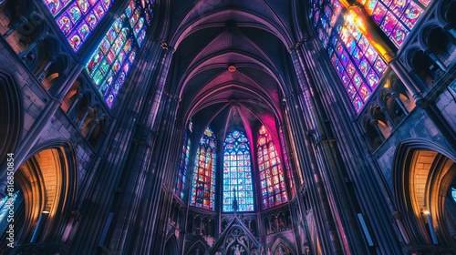 Gothic cathedral interior  stained glass casting colorful lights on ancient stone architecture