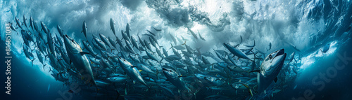 A dynamic underwater scene of a school of tuna fish moving swiftly through the sunlit blue ocean waters. © bajita111122