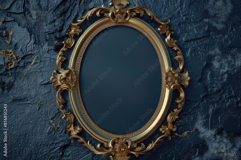 Obraz premium Elegant gold oval mirror hanging on a blue wall, perfect for interior design projects