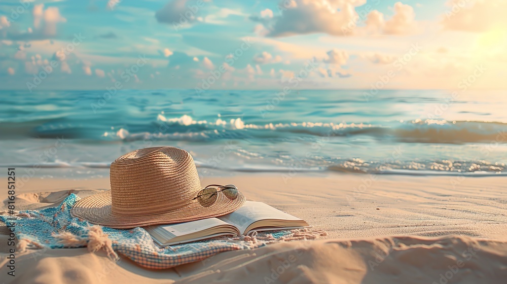 Obraz premium An artistic composition of a sunhat, sunglasses, and a novel lying on a beach chair, with the calm ocean stretching out behind, offering a tranquil background with space for inspirational text,