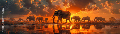 A herd of elephants walking through water with a stunning sunset backdrop in the African savannah.