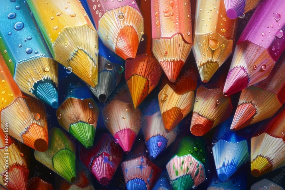 Obraz premium Closeup of colorful pencils with water droplets, showcasing a spectrum of vibrant shades and textures